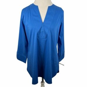 Foxcroft Malibu Blue Vaughn Stretch Non-Iron Split V-Neck Blouse Relaxed Size 14